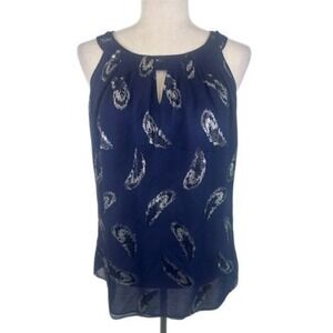 White House Black Market Silk Navy Paisley Silver Foil Top Blouse Size Medium